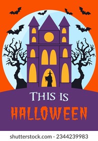 This is halloween invitation card with witch mansion and evil wicked sorcerer silhouette. Halloween party flyer with old haunted house.