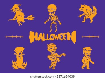 This is Halloween Monster Bundle Vector, Funny and Cool Design for Halloween. Witch, Skeleton, Werewolf, Vampire, Mummy and Frankenstein Vector.