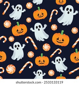 This Halloween pattern features cute ghosts, playful pumpkins, candies, and candy canes. Perfect for festive decor, party invitations, or digital backgrounds, blending spooky and sweet for fun Hallowe