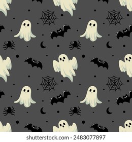 This Halloween pattern features a flat style with various iconic elements.Seamless background perfect for use in textiles, wallpapers, and festive decorations.