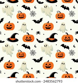 This Halloween pattern features a flat style with various iconic elements.Seamless background perfect for use in textiles, wallpapers, and festive decorations.