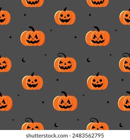 This Halloween pattern features a flat style with various iconic elements.Seamless background perfect for use in textiles, wallpapers, and festive decorations.