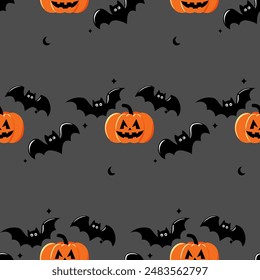 This Halloween pattern features a flat style with various iconic elements.Seamless background perfect for use in textiles, wallpapers, and festive decorations.