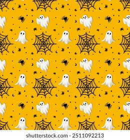 This Halloween pattern features a flat style with various iconic elements.Seamless background perfect for use in textiles, wallpapers, and festive decorations.