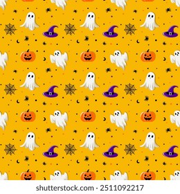 Este padrão de Halloween apresenta um estilo plano com vários elementos icônicos. Fundo perfeito para uso em têxteis, papéis de parede e decorações festivas.