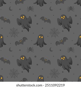 Este patrón de Halloween presenta un estilo plano con varios Elementos icónicos. Fondo sin costuras perfecto para su uso en textiles, Fondos de pantalla y decoraciones festivas.