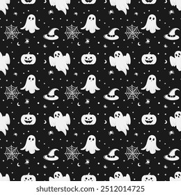 This Halloween pattern features a flat style with various iconic elements.Seamless background perfect for use in textiles, wallpapers, and festive decorations.