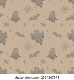 Este padrão de Halloween apresenta um estilo plano com vários elementos icônicos. Fundo perfeito para uso em têxteis, papéis de parede e decorações festivas.