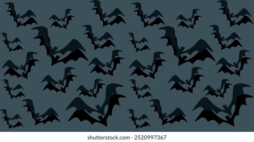 This Halloween pattern features a flat style with various ghosts, bat and coffin Seamless background perfect for use in textiles, wallpapers, and festive decorations.
