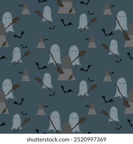 This Halloween pattern features a flat style with various ghosts, bat and coffin Seamless background perfect for use in textiles, wallpapers, and festive decorations.
