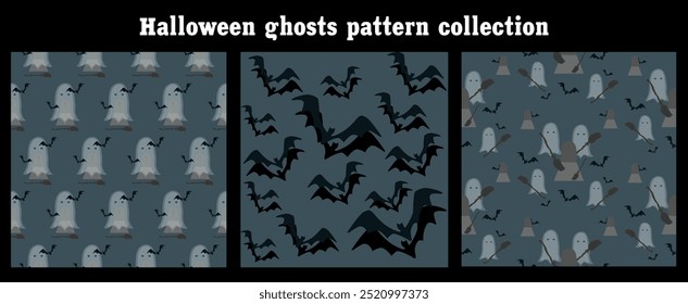 Este patrón de Halloween presenta un estilo plano con varios fantasmas, murciélago y ataúd Fondo sin fisuras perfecto para su uso en textiles, Fondos de pantalla y decoraciones festivas.