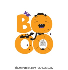 This is a Halloween phrase, boo. The autumn quote with cat, pumpkin, bat and spider is good for holiday designs, posters, cards, ads, etc. The vector illustration