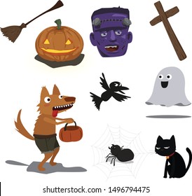 This Halloween set included pumpkin with face, zombie head, crow, cute ghost, cross, black cat, spider, broom and a werewolf .