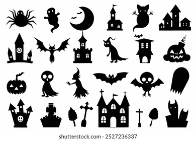 Este conjunto de vetor de silhueta de Halloween inclui elementos assustadores como morcegos, fantasmas, abóboras e muito mais. Ideal para a criação de decorações misteriosas, projetos sazonais e projetos digitais festivos.