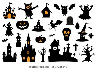 This Halloween silhouette vector set includes spooky elements like bats, ghosts, pumpkins, and more. Ideal for creating eerie decorations, seasonal designs, and festive digital projects.