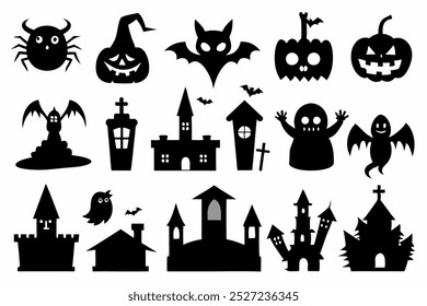 Este conjunto de vetor de silhueta de Halloween inclui elementos assustadores como morcegos, fantasmas, abóboras e muito mais. Ideal para a criação de decorações misteriosas, projetos sazonais e projetos digitais festivos.