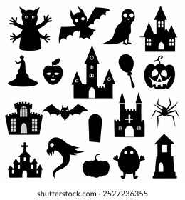 This Halloween silhouette vector set includes spooky elements like bats, ghosts, pumpkins, and more. Ideal for creating eerie decorations, seasonal designs, and festive digital projects.