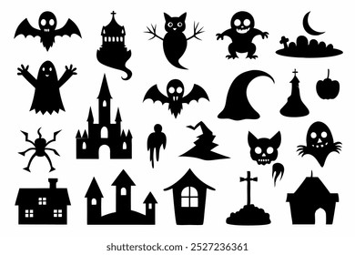 This Halloween silhouette vector set includes spooky elements like bats, ghosts, pumpkins, and more. Ideal for creating eerie decorations, seasonal designs, and festive digital projects.