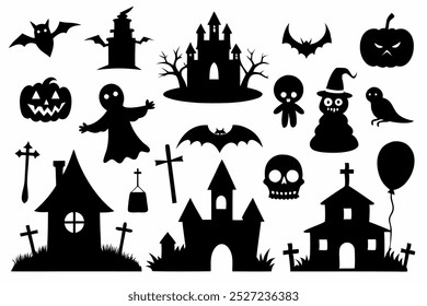 Este conjunto de vetor de silhueta de Halloween inclui elementos assustadores como morcegos, fantasmas, abóboras e muito mais. Ideal para a criação de decorações misteriosas, projetos sazonais e projetos digitais festivos.