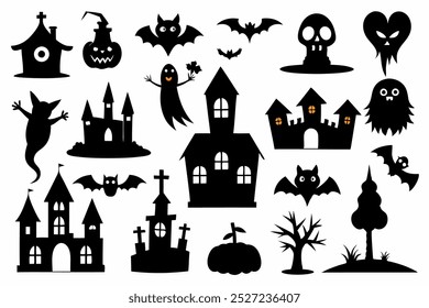 This Halloween silhouette vector set includes spooky elements like bats, ghosts, pumpkins, and more. Ideal for creating eerie decorations, seasonal designs, and festive digital projects.