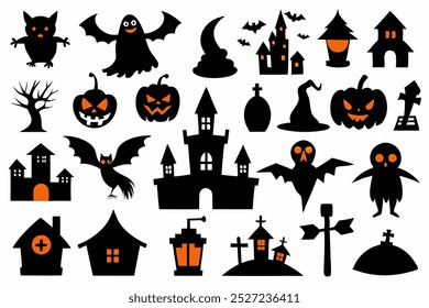 Este conjunto de vetor de silhueta de Halloween inclui elementos assustadores como morcegos, fantasmas, abóboras e muito mais. Ideal para a criação de decorações misteriosas, projetos sazonais e projetos digitais festivos.