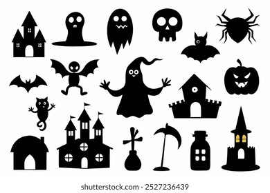 Este conjunto de vetor de silhueta de Halloween inclui elementos assustadores como morcegos, fantasmas, abóboras e muito mais. Ideal para a criação de decorações misteriosas, projetos sazonais e projetos digitais festivos.