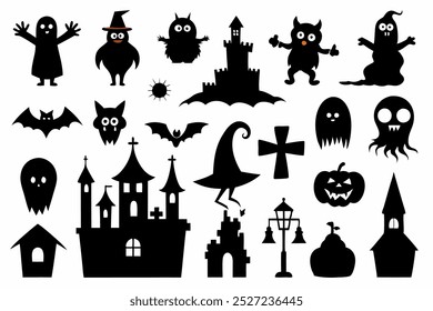 Este conjunto de vetor de silhueta de Halloween inclui elementos assustadores como morcegos, fantasmas, abóboras e muito mais. Ideal para a criação de decorações misteriosas, projetos sazonais e projetos digitais festivos.