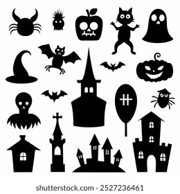 This Halloween silhouette vector set includes spooky elements like bats, ghosts, pumpkins, and more. Ideal for creating eerie decorations, seasonal designs, and festive digital projects.