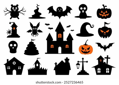 Este conjunto de vetor de silhueta de Halloween inclui elementos assustadores como morcegos, fantasmas, abóboras e muito mais. Ideal para a criação de decorações misteriosas, projetos sazonais e projetos digitais festivos.