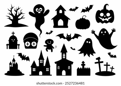 Este conjunto de Vector de silueta de Halloween incluye Elementos espeluznantes como murciélagos, fantasmas, calabazas y más. Ideal para crear decoraciones espeluznantes, diseños de temporada y proyectos digitales festivos.