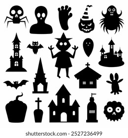 This Halloween silhouette vector set includes spooky elements like bats, ghosts, pumpkins, and more. Ideal for creating eerie decorations, seasonal designs, and festive digital projects.