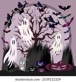 This Halloween themed illustration features a dark and whimsical scene