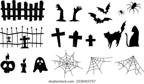 This Halloween vector features eerie graveyards, spider webs, spiders, spooky hands, black cats, fences, candles, skulls, and ghosts, creating a chilling atmosphere for your festive designs!