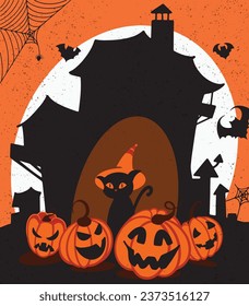 This Halloween vector features a spooky castle under a full moon, with a grinning pumpkin, bat and black cat, creating a chilling and fun atmosphere. Perfect for Halloween-themed designs background.