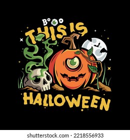 This is Halloween vector illustration design with pumpkin, skull and typography in mascot style. Full Moon, Flying bats, Root, Stones. Happy Halloween.