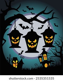 This Halloween-themed design features a silhouette of a witch flying across a full moon, surrounded by bats, spooky trees, jack-o'-lanterns, and eerie lanterns, creating a haunting atmosphere. 