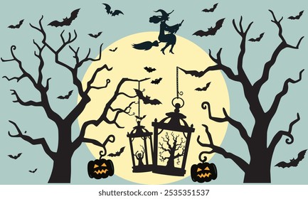 This Halloween-themed design features a silhouette of a witch flying across a full moon, surrounded by bats, spooky trees, jack-o'-lanterns, and eerie lanterns, creating a haunting atmosphere. 