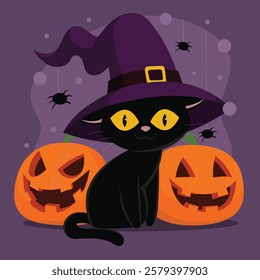 This is a Halloween-themed digital illustration featuring a cute black cat wearing a purple witch hat with a gold buckle. The cat has large, glowing yellow eyes with slit pupils, a tiny pink nose, and