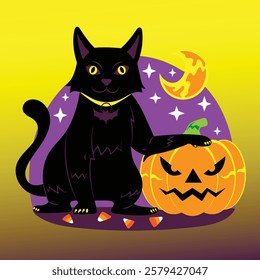 This is a Halloween-themed digital illustration featuring a cute black cat wearing a purple witch hat with a gold buckle. The cat has large, glowing yellow eyes with slit pupils, a tiny pink nose, and