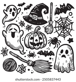 This Halloween-themed illustration features skeletons, a witch hat, and a cauldron. Each on a separate layer, can be removed or replaced.
