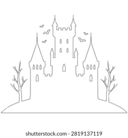 This Halloween-themed line art features a detailed castle silhouette complete with pointed towers, arched windows, and decorative battlements.