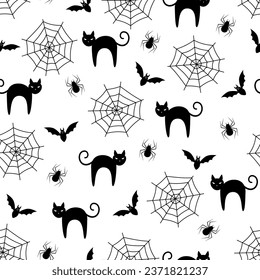 This Halloween-themed seamless pattern features black cats and spider webs. It is perfect for designing invitations, backgrounds, and decorations for Halloween parties and events.