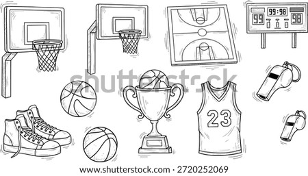 This hand drawn basketball doodle vector set includes sports elements such as basketball balls, hoops, nets, trophies, jerseys, sneakers and court illustrations. Created in outline sketch style, this collection is perfect for sports branding, posters, t-shirt designs, educational materials, school projects, youth sports graphics and social media content. The clean black and white line art makes it easy to customize colors and sizes. Fully scalable vector illustration suitable for both print and digital use.