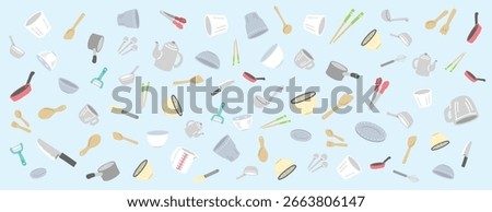 This is a hand drawn colorful kitchen utensils and cookware pattern background illustration.