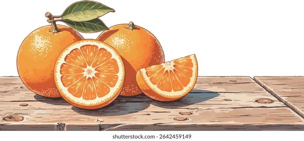 This hand - drawn illustration features whole oranges with green leaves, a halved orange, and a slice, arranged on a textured wooden table. Vibrant warm - orange tones and clean lines evoke freshness 
