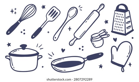 This hand drawn kitchen doodle collection features essential cooking and baking tools, including a whisk, spatula, pot, frying pan, grater, measuring cups, and oven glove.
