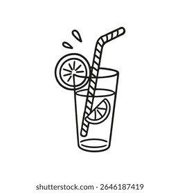 This is a hand drawn line illustration depicting a glass of refreshing beverage with a lemon slice, a straw, and droplets