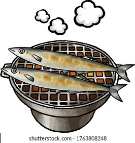 This is a hand drawn vector illustration of grilled saury.