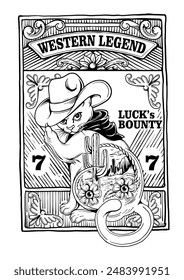 This hand drawn vector illustration features a cowboy cat in a desert scene with cacti and flowers. With the slogans Western Legend and Luck's Bounty, it blends feline charm and Western wilderness