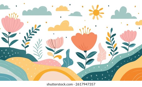 this is a hand drawn vector landscape with flowers, clouds, and sun perfect for a spring or summer themed design
